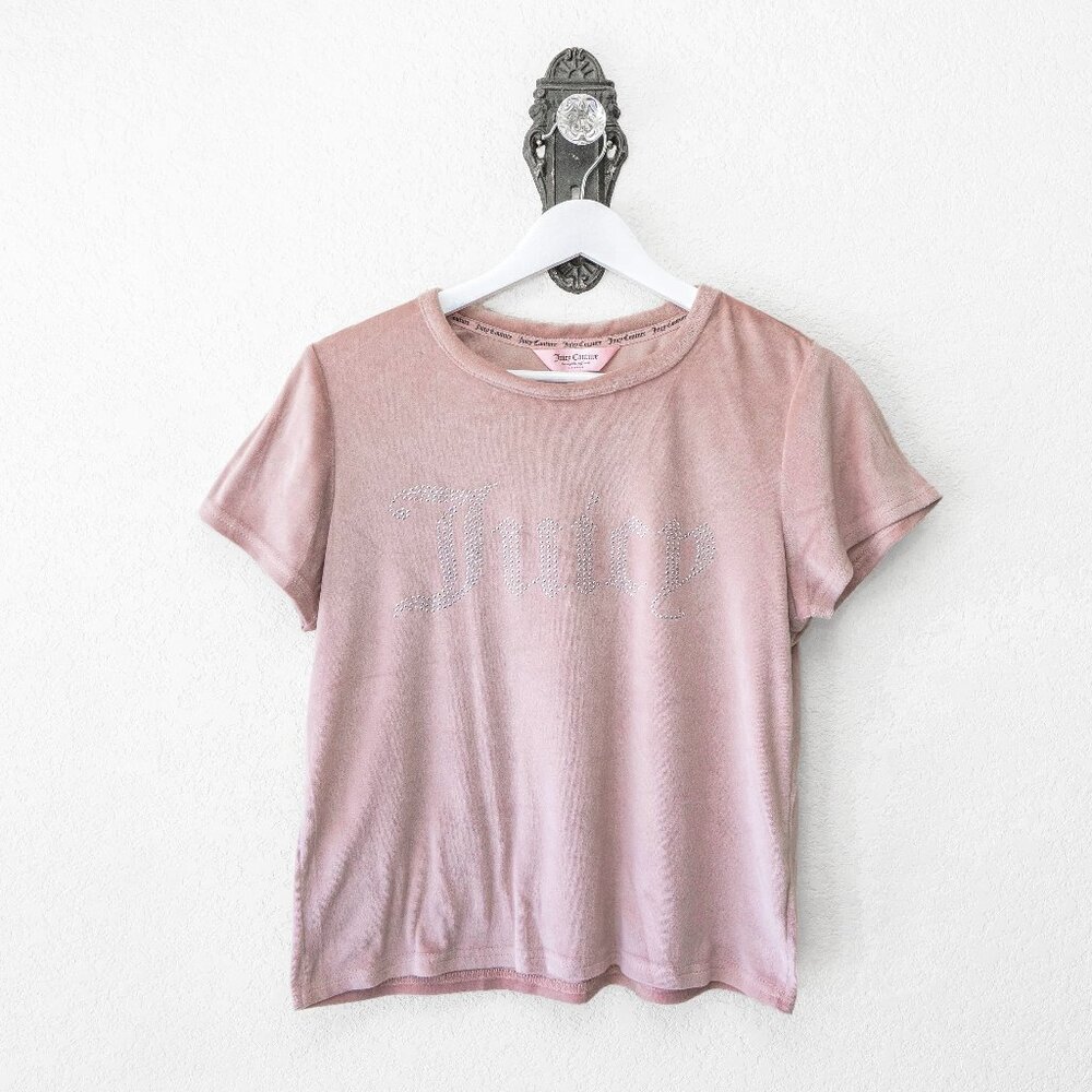 Juicy Couture Pink Rhinestone Logo Tee Y2K Baby Tee Velour Feel Size L